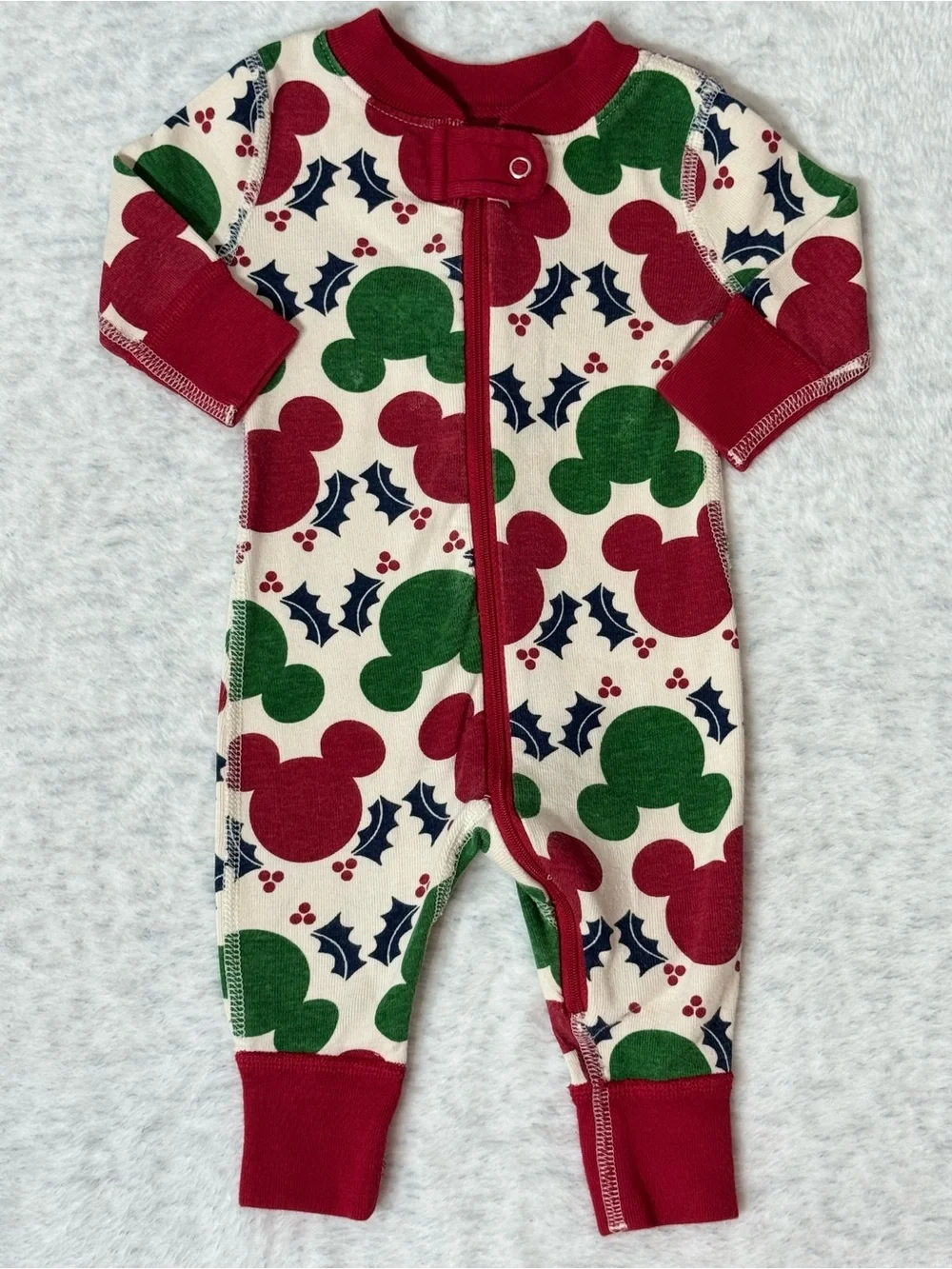 Hanna Andersson Disney Mickey Holly Garland Zip Sleeper 0-3M Christmas Cotton